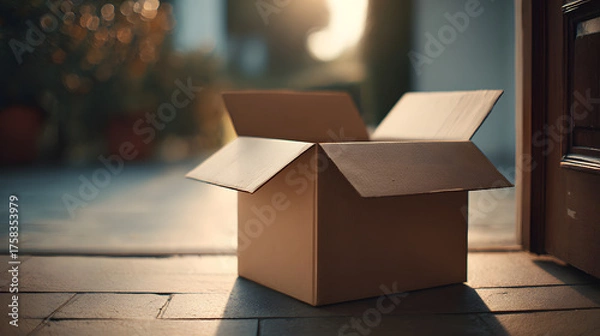 Fototapeta Open cardboard box on doorstep in morning light