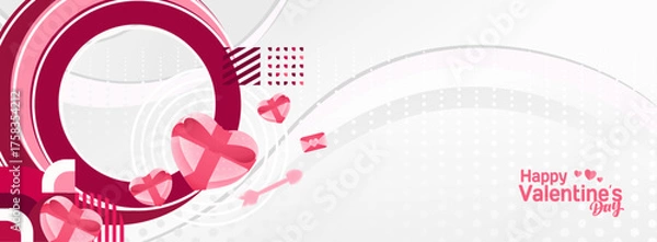 Fototapeta Valentine's day banner with cheerful ornaments. Floating hearts, love messages, gift boxes, cupid's arrows and romantic decorations for seasonal shopping, valentine's day sales, discount promotions