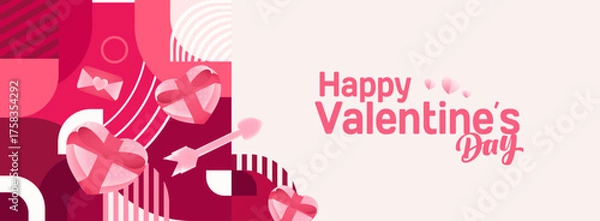 Obraz Valentine's day banner with cheerful ornaments. Floating hearts, love messages, gift boxes, cupid's arrows and romantic decorations for seasonal shopping, valentine's day sales, discount promotions