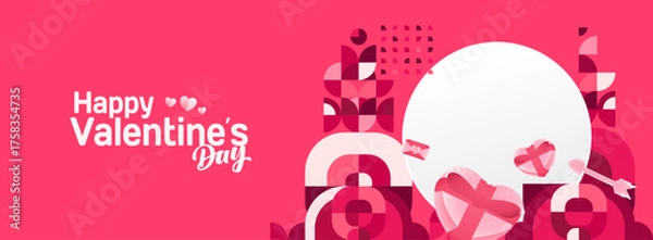 Fototapeta Valentine's day banner with cheerful ornaments. Floating hearts, love messages, gift boxes, cupid's arrows and romantic decorations for seasonal shopping, valentine's day sales, discount promotions