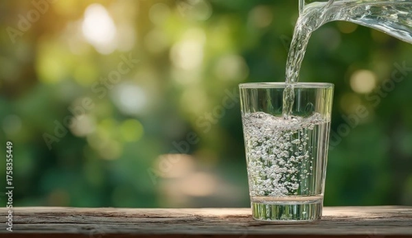 Obraz Clear Water Being Poured Into Glass On Wooden Surface Against Blurred Green Foliage Background