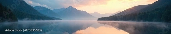 Fototapeta Serene Dawn Mist Over Tranquil Mountain Lake  A Cool and Invigorating Atmosphere at Sunrise, Crisp Air, Peaceful Landscape