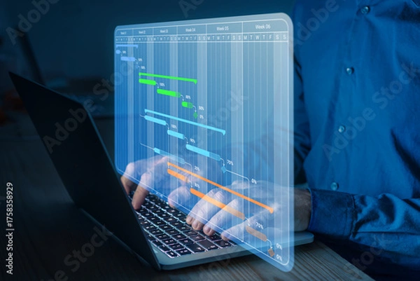 Obraz Project Management Planning with Gantt Chart on Laptop. Digital Schedule, Workflow Optimization, Task Tracking, and Team Coordination