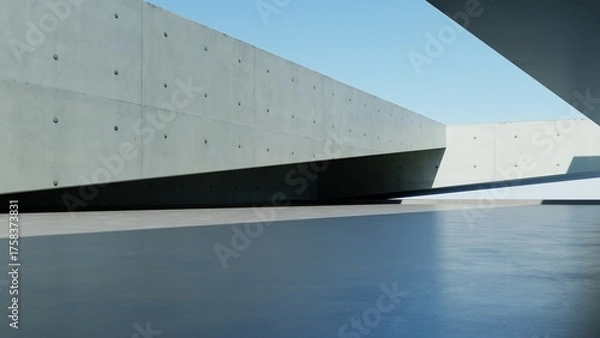 Fototapeta 3d render of abstract modern concrete architecture background, Minimal geometry architectural design, Car presentation backdrop with empty concrete floor, Geometric white blocks building design