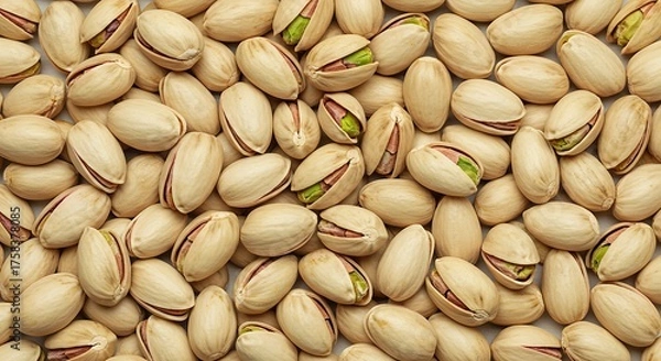 Obraz Close up of many pistachio nuts with open shells on a white background