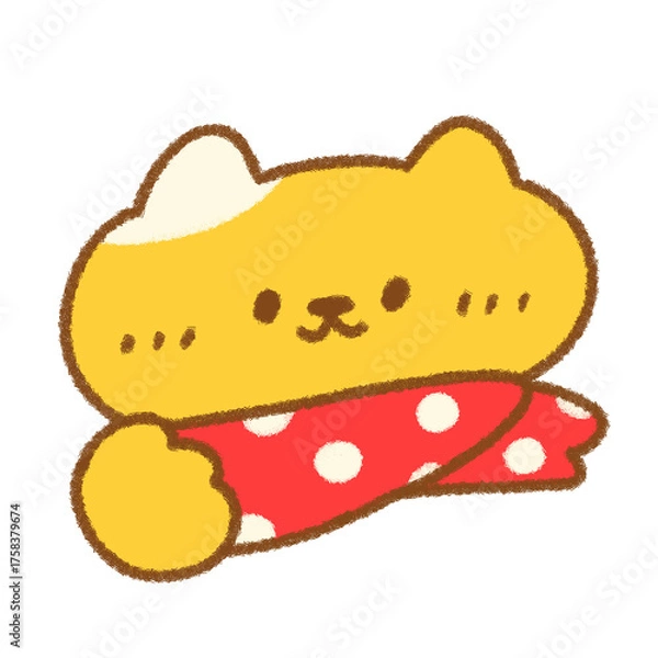 Fototapeta マフラーを巻いたゆるかわいい手描きのねこのイラスト