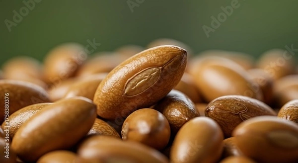 Obraz Close up of numerous brown nuts against a blurred green background