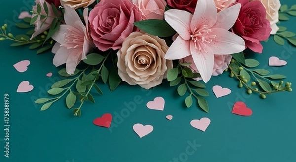 Obraz Close up of paper flowers arrangement with hearts on a vibrant green background