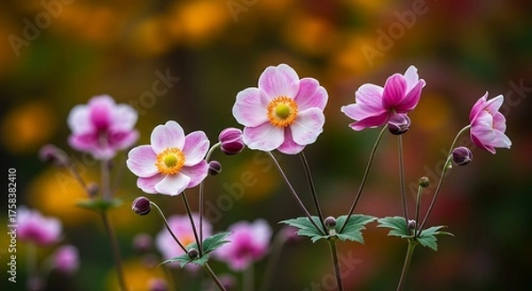 Obraz Close up of pink and white flowers in bloom with blurred background details