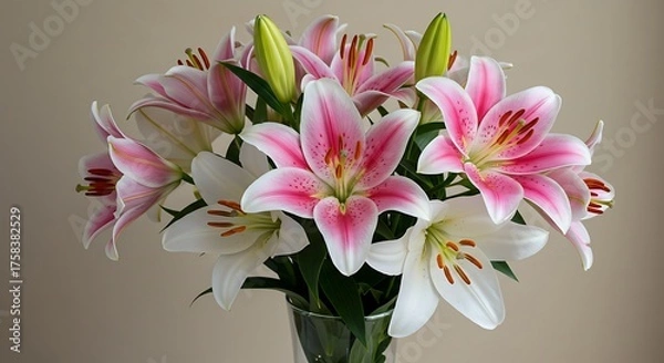 Obraz Close up of pink and white lilies in a glass vase against a neutral background