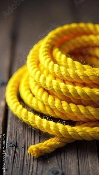 Fototapeta Vibrant Yellow Rope Coil Ready for Crafting Projects Nautical Decor, Sunny Texture Close-up
