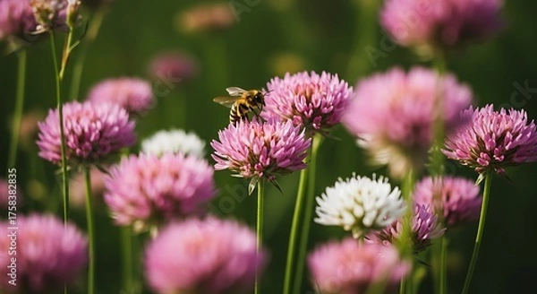 Obraz Close up of pink clover flowers with a bee pollinating nature background