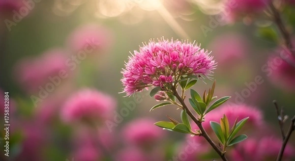 Obraz Close up of pink flower with green leaves and soft background sunlight