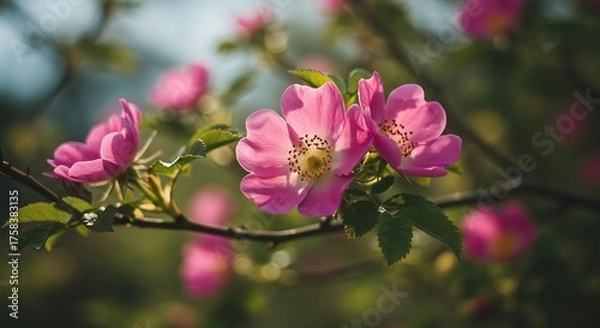 Obraz Close up of pink rose blossoms with yellow centers against a blurred background