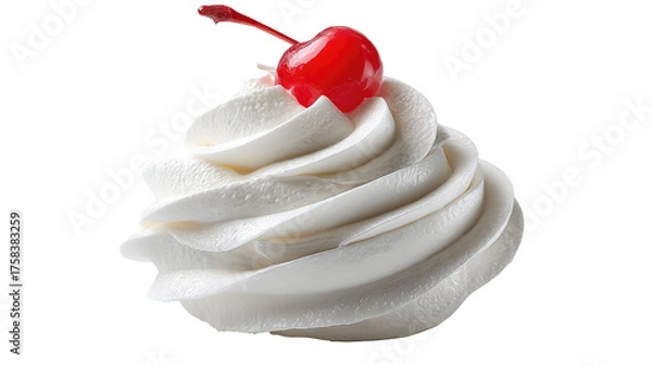 Obraz A swirl of white cream with a bright red cherry on top view on transparent background	
