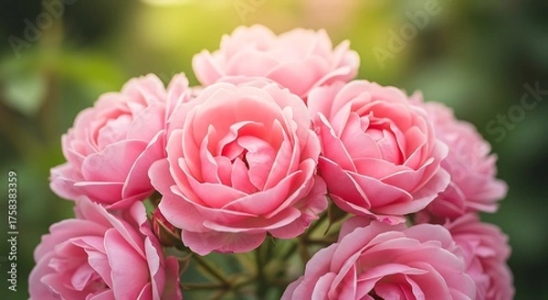 Obraz Close up of pink roses in bloom with blurred green background