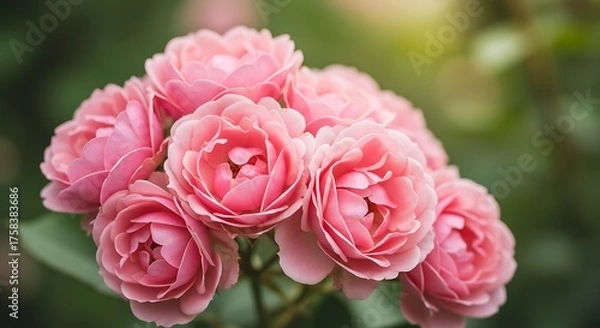 Obraz Close up of pink roses in full bloom with blurred green background