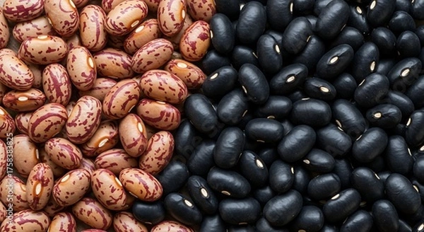 Obraz Close up of pinto beans and black beans side by side for culinary concepts