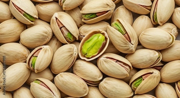 Obraz Close up of pistachios with open and closed shells on a neutral background