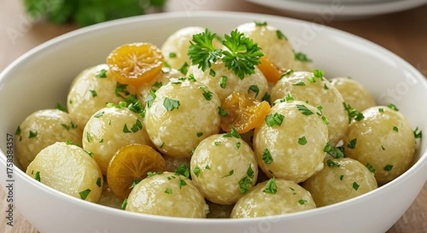Obraz Close up of potato balls with herbs and mandarin orange slices in a bowl