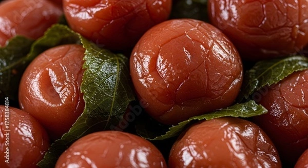 Obraz Close up of preserved plums with fresh green leaves in natural daylight