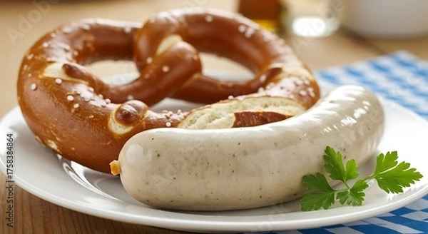 Obraz Close up of pretzel and sausage on a plate ready to serve