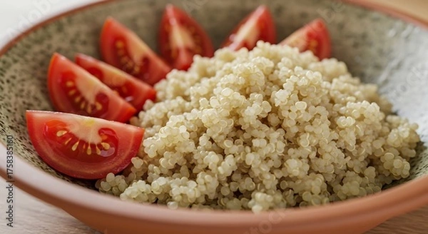 Obraz Close up of quinoa and sliced tomatoes in a rustic ceramic bowl