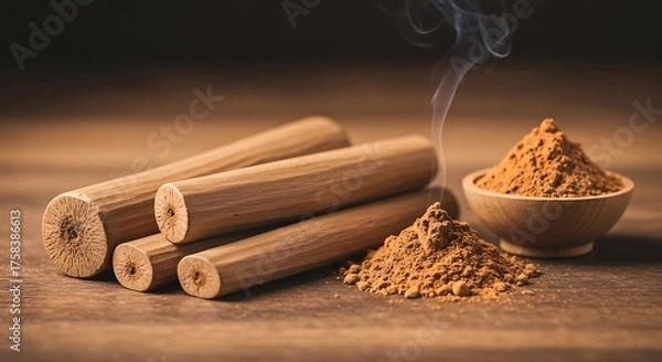 Obraz Close up of sandalwood sticks and powder with smoke on wooden surface