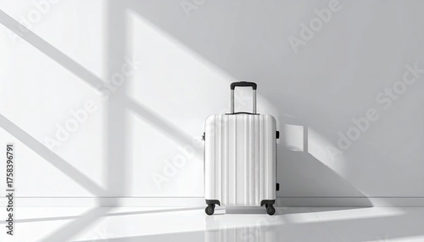 Fototapeta Minimalist White Rolling Suitcase Bathed in Soft Sunlight on a Bright White Floor Against a White Wall with Geometric Shadows