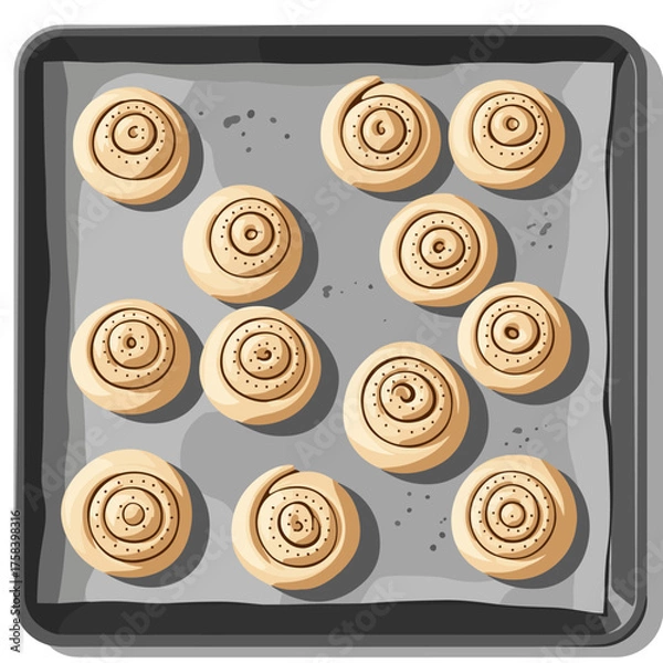 Fototapeta A baking sheet filled with uncooked cinnamon roll dough spirals ready for the oven.