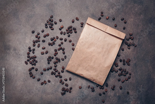Fototapeta Blank brown paper bag mockup and roasted coffee beans flat lay on dark rustic background, top view, brown craft packaging