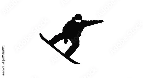 Obraz Dynamic silhouette of a snowboarder performing a trick on a white background in a bold graphic style silhouette