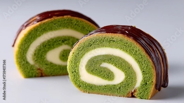 Fototapeta Two slices of green cake with chocolate drizzle. The cake is rolled up and has a chocolate glaze
