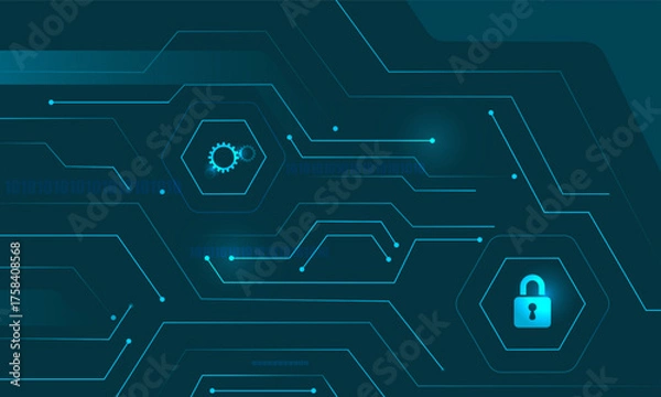 Obraz digital lines and circuit on abstract with padlock and binary code number security.
