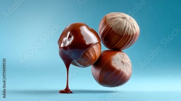 Fototapeta Three chocolate covered nuts with chocolate dripping from them. Concept of indulgence and luxury, as the chocolate drips down the nuts, creating a visually appealing and tempting scene