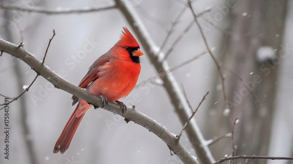 Fototapeta Close-up of vibrant Northern Cardinal bird perched on bare brown branch during active snowfall winter wildlife photography concept