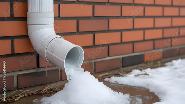 Fototapeta Close-up of white PVC gutter downspout draining melting snow and ice water on red brick wall exterior winter drainage concept detailed macro photograph