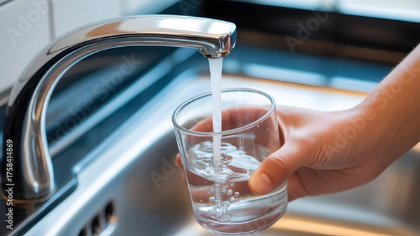 Fototapeta Close-up view of clean water pouring from modern chrome kitchen faucet into clear glass held by human hand purity hydration concept