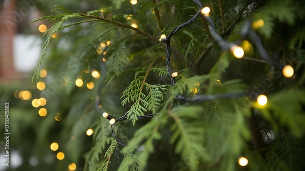Fototapeta Close-up festive view of evergreen pine branches decorated with glowing golden Christmas fairy lights creating warm holiday bokeh atmosphere