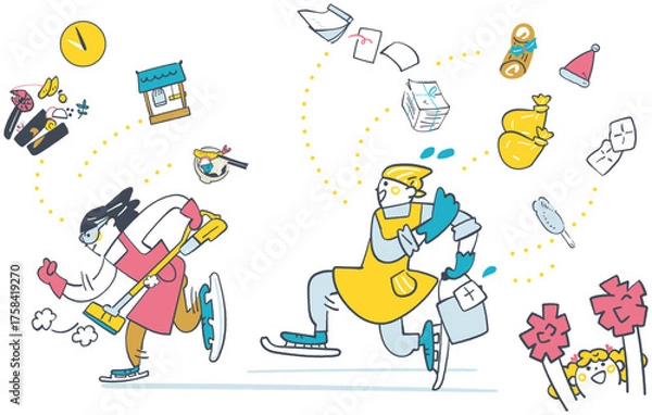 Obraz 年末を駆け抜ける家族と応援する娘　掃除やおせちなどの年末準備をスピードスケートのようにこなす家族
