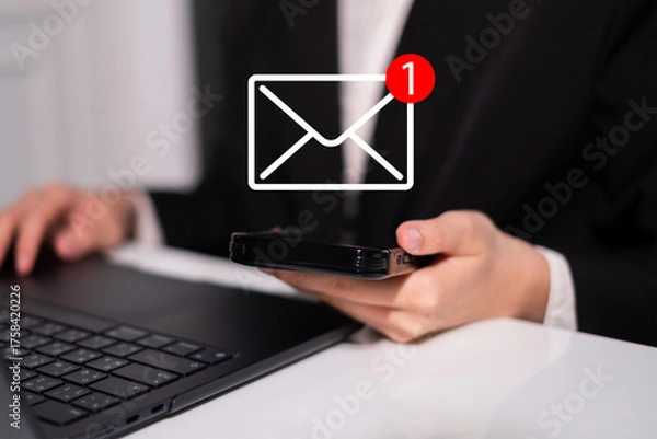 Fototapeta New electronic mail unread email message communication technology notification alert digital send business social online marketing strategy media newsletter web envelope reading smartphone mobile
