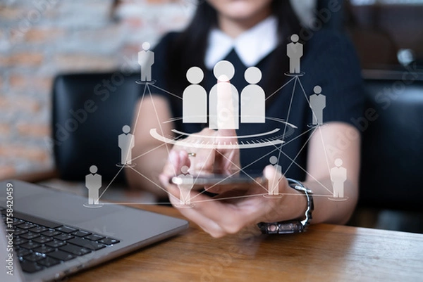 Fototapeta Human resource HR teamwork manpower management using technology connection business concept career network employee social communication job personnel recruitment leader group marketing success