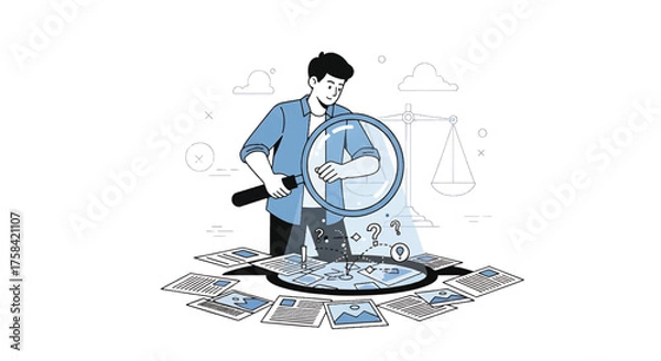 Fototapeta A journalist investigates by examining a magnifying glass over documents and photos in a detailed illustration with a neutral background.