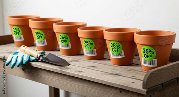 Fototapeta Terracotta pots with 25 off stickers, gardening gloves, and trowel on a wooden shelf, promoting garden supplies and discounts for planting and landscaping projects