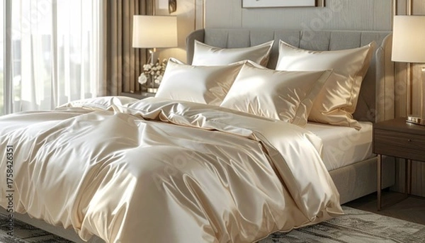 Obraz Luxurious Golden Silk Bedding in an Elegant Bedroom Setting.