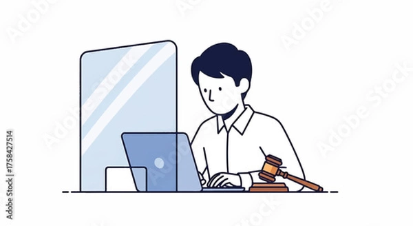 Fototapeta A young journalist working on a laptop with a gavel and legal documents in a simple, flat illustration style with a clean white background.