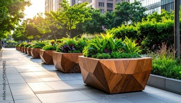 Obraz Modern geometric planters line a sunny urban sidewalk with lush greenery.