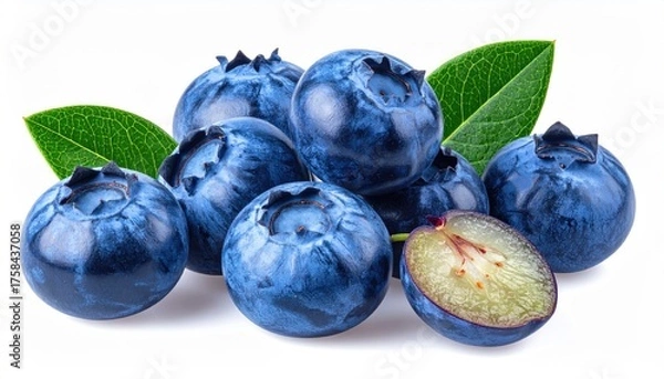 Fototapeta Close up of fresh blueberries with green leaves on a white background with water droplets showing texture and natural detail of the fruit