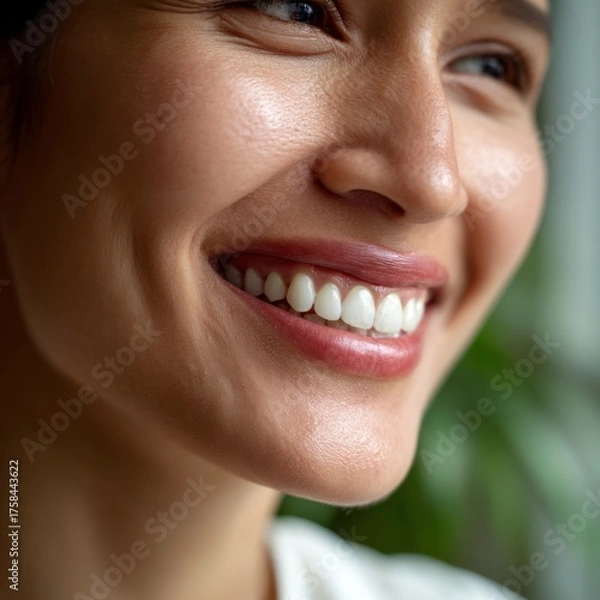 Fototapeta Joyful woman smiling close-up indoor setting portrait photography natural light positive vibes
