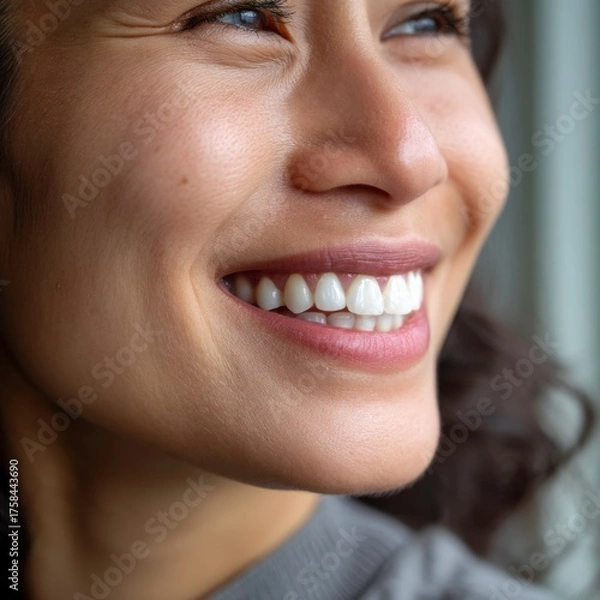 Fototapeta Joyful woman smiling indoors urban setting portrait bright environment close-up happiness and confidence